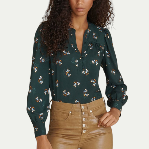 Veronica Beard Tops - Veronica Beard Abbie Floral Green Long Sleeve Split-Neck Blouse Size 4